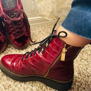 Michael Kors Women's Red Croc-Embossed Combat Boots